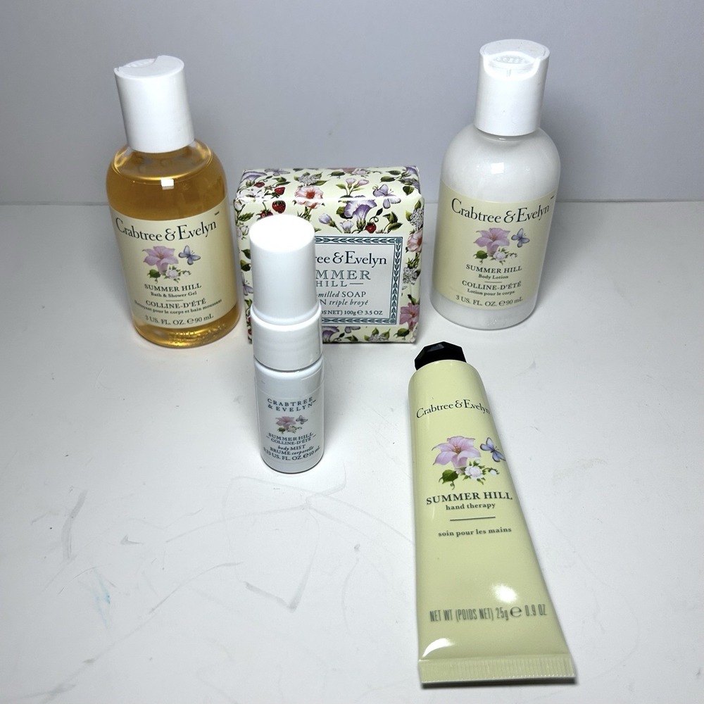 4pc Crabtree & Evelyn Summer Hill Travel Set With Pouch Soap Hand Cream Lotion